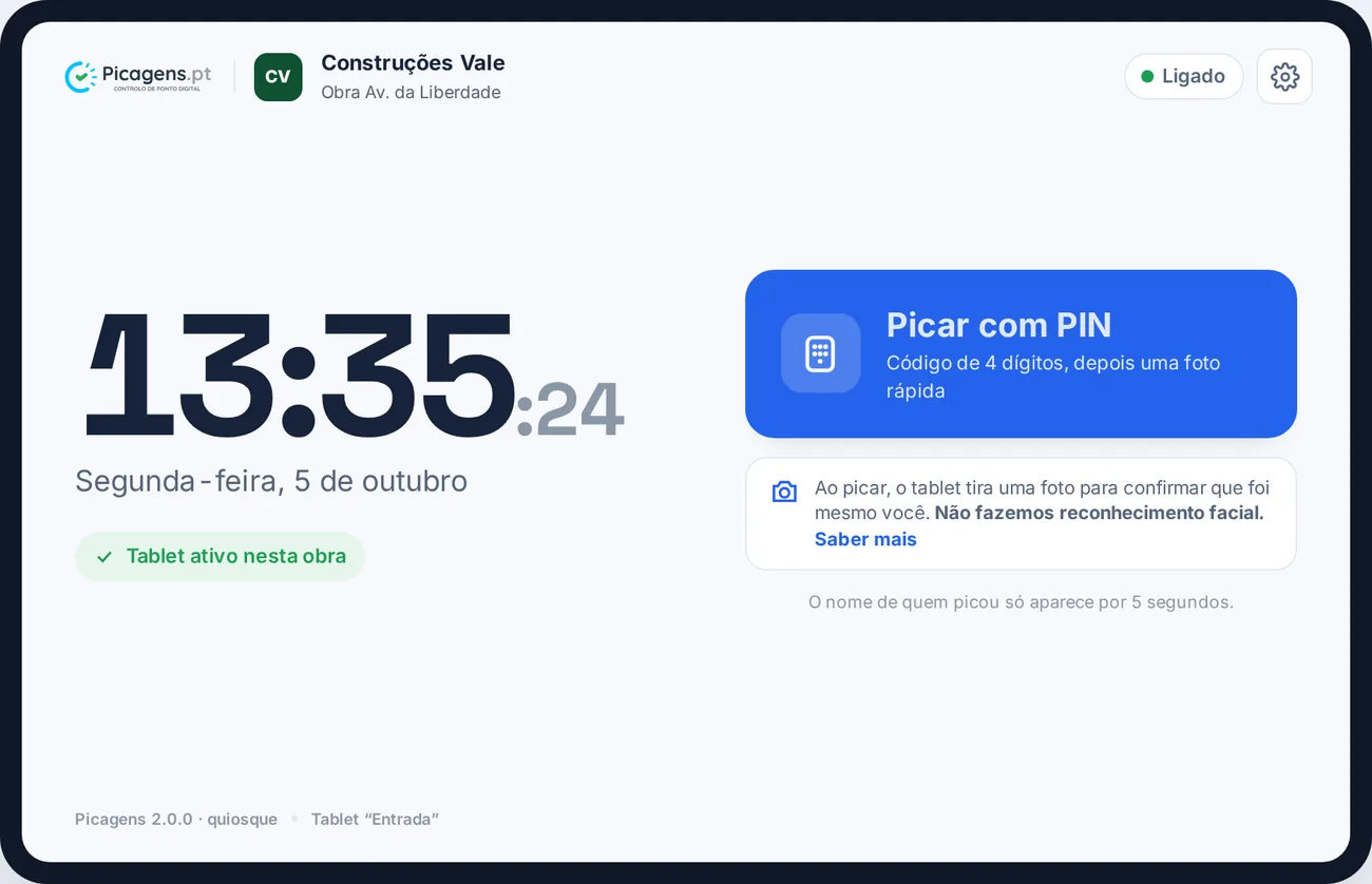 Ecrã de espera do quiosque com o nome da empresa e da obra, a hora em letra grande e o botão Picar com PIN