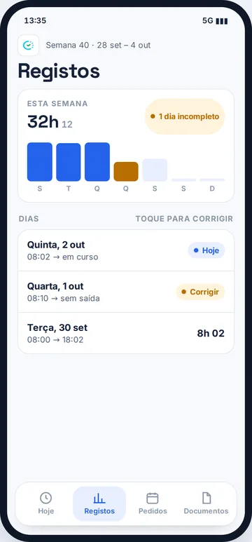 Ecrã Registos da app Picagens com as horas da semana e a lista dos dias