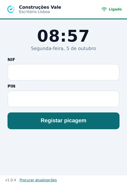 App Picagens para Windows com o relógio, os campos NIF e PIN e o botão Registar picagem